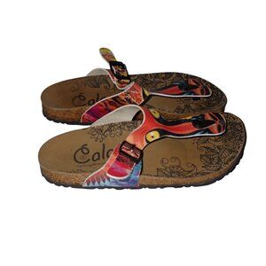 Calceo Colored Feathered Patterned‎ Yellow-Eyed Chimp Patterned Sandal 40 US 8.5